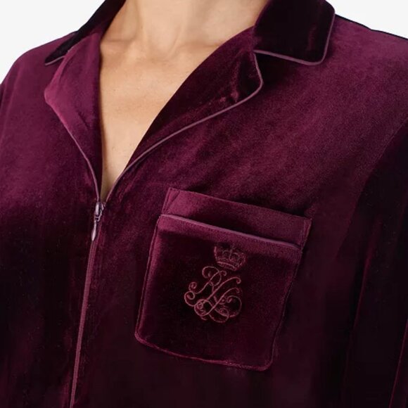 LRL Ralph Lauren Zip-Up Caftan Robe Pajama Velvet Embroidered Logo Burgudy | XL - Picture 4 of 12